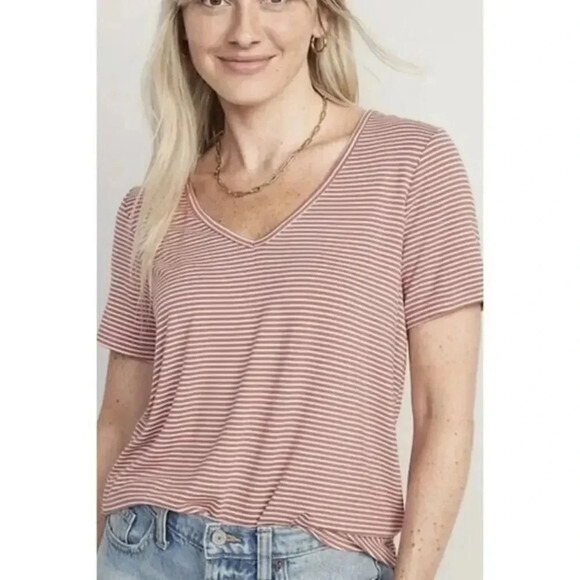 Old Navy Luxe Red & White Stripe V-Neck Short Sleeve T-Shirt M - Picture 1 of 5
